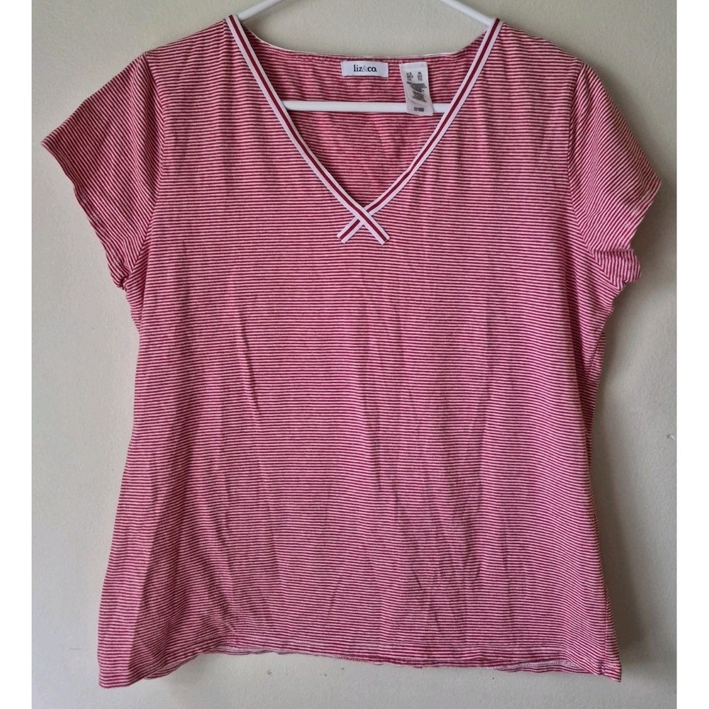 Liz & Co. Fine Striped Short Sleeve V-neck T-shirt Red/White Cotton Blend XL